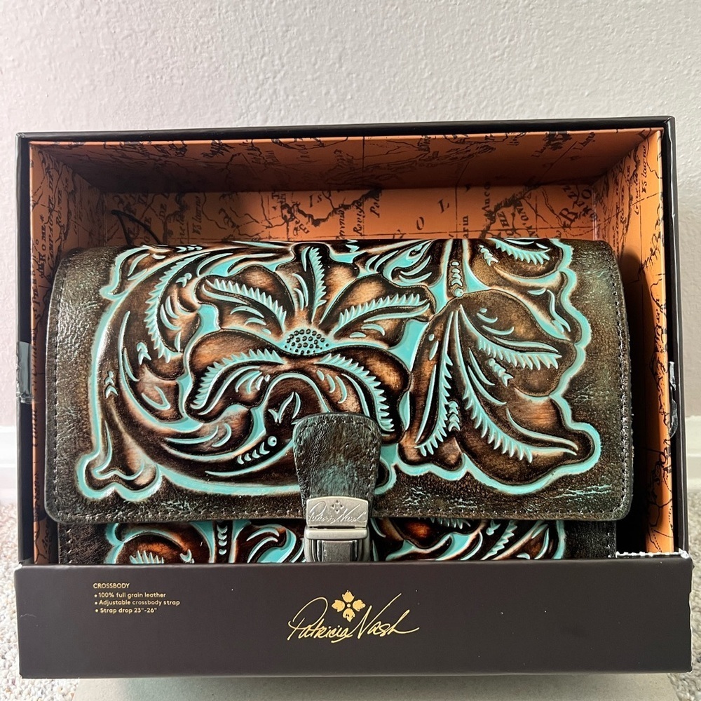NEW Patricia Nash Leather Locri Crossbody- Tooled Turquoise in Gift Box - Picture 5 of 11